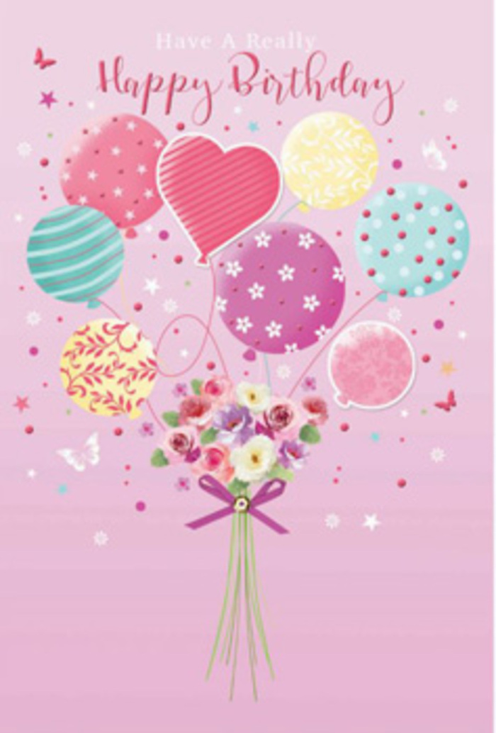 There is a quiet yet unmistakable joy in this birthday illustration, as if someone in Mile End has captured the feeling of a perfect spring morning and tied it to a bouquet of balloons. The background is a soft blush pink, reminiscent of the sky just after sunrise over Mile End Park, and from this gentle canvas rises a gathering of pastel balloons. Each balloon is unique: some glow with pale sunshine yellow, others blush with rosy fuchsia or rest in calming tones of seafoam and lavender. Their surfaces are patterned with playful stripes, polka dots, and floral motifs that whirl and loop like party ribbons twisting in the breeze along Burdett Road. At the base of this floating cluster sits a dainty, hand-tied bouquet, its petite roses and daisy-like blooms arranged with the same care a local florist would give to a birthday order for a home near Roman Road. The petals shade delicately from cream through blush into soft rose, suggesting a velvety texture that almost invites a fingertip touch. A slender, sparkling purple bow gathers the stems, its satin tails curling gently, adding a refined note to the otherwise whimsical design. Scattered around are tiny illustrated stars and maybe a butterfly or two, giving the impression of a daydream caught in midair. Light seems to fall softly across the scene, highlighting the rounded forms of the balloons and the subtle curves of each petal, creating a sense of depth and tranquility. It is an image that whispers happiness rather than shouts it-a birthday greeting that feels personal and considered, like a bouquet delivered thoughtfully across the neighbourhood.