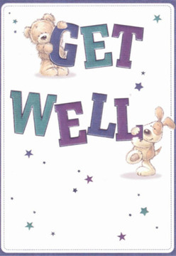 This cheerful get well card brings a glowing sense of lightness and hope, reminiscent of the warm welcomes you find throughout Mile End. The illustrated scene features a cuddly bear, perched upon the arch of the bold purple lettering spelling 'GET,' above a playful puppy who lovingly nudges the word 'WELL' in a deep shade of teal. Their affectionate interaction radiates genuine care and camaraderie, much like the community spirit seen at local spots near Mile End Park. Scattered across a clean, white canvas, animated stars in blues and violets rise like sparks of well-wishing energy, their movement echoing the thoughtful details found in hand-tied bouquets delivered nearby. The soft, round textures of fur and floppy ears create an inviting, tactile comfort, while the vivid hues of the typography add a playful sophistication. This card's composition, tenderly crafted, mirrors the gentle intention behind each flower selection at Flowers Mile End-every detail chosen for its ability to soothe and encourage recovery. Sending this card is akin to sending a fragrant arrangement past the familiar shops on Burdett Road, a visual gesture full of warmth and hope for anyone in need of a heartfelt lift.