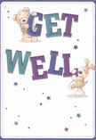 Radiating comfort and playful encouragement, this get well card features two heartwarming companions-a plush teddy bear and an energetic puppy-springing to life atop generously sized, colourful letters spelling out 'Get Well.' The typography, alive with rich hues of indigo and aquamarine, shines vibrantly against a creamy, inviting backdrop reminiscent of a sunlit café near Mile End Road. Scattered stars, rendered in various shades of blue and purple, twinkle across the card's surface, carrying with them a sense of hope and renewal. The characters' fur is illustrated with such softness and detail that one can almost sense the tactile warmth and reassurance they offer, akin to the embrace from a loved one bearing a hand-delivered bouquet. This card achieves more than simply conveying a get well message; it offers a visual and emotional tonic, echoing the thoughtful spirit of sending flowers to someone you care for-a familiar gesture for many in Mile End, especially when a bit of cheer is needed most.