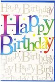 In this image, a vibrant birthday card is displayed as though waiting to be slipped into a bouquet order heading out from Mile End to a nearby doorstep. The front of the card is dominated by the joyful words Happy Birthday, written in big, playful letters that shimmer in a smooth rainbow gradient. Each character bears its own blend of hues-starting with saturated reds and fuchsia tones, moving into purples and deep blues, then softening into turquoise, fresh greens, and finally warm yellows and hints of orange. The colour transitions are gentle and painterly, evoking the cheerful mix of a multi-coloured balloon cluster drifting above a party on a terrace overlooking Mile End Road. Behind these bold letters, the background is filled with a curtain of delicate, looping script in metallic gold, repeating the phrase Happy Birthday to you from edge to edge. The gold script appears finely detailed and slightly raised, catching and reflecting the light in places so that it glimmers like tiny strands of tinsel or faint sunlight glancing off the surface. Small, scattered flecks and star-like shapes in matching tones lend a confetti-like sparkle without overwhelming the design, maintaining a sense of harmony and balance. The card itself looks to be printed on a smooth, good-quality cardstock with a soft sheen that enhances the colours and metallic touches. The overall impression is one of zest and celebration, the kind of stylish yet fun birthday card a local Mile End florist might choose to accompany a colourful arrangement delivered to homes near Mile End Park, Grove Road, or the streets surrounding the canal for a day that feels extra special.