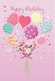 On this birthday card scene, a whimsical celebration seems to float just above the familiar streets of Mile End, carried by pastel balloons and a bouquet that feels almost freshly arranged. The backdrop is a tender, powdery pink, evoking the peaceful calm of an early walk past the trees lining Mile End Park. From this soft canvas, a cluster of balloons rises, each with its own imaginative personality: some swirl with candy-coloured stripes, others are sprinkled with light-hearted polka dots, while a heart-shaped balloon at the centre quietly radiates affection. Their colours-creamy blush, minty green, pale lemon, and lavender-blend together like the varied tones in a carefully balanced birthday arrangement. At the base of the floating strings sits a small bouquet of roses and anemone-style blossoms, their petals layered and feathery in shades of ivory, blush pink, and gentle mauve. You can almost imagine their fragrance, softly sweet, drifting out like a welcome breath of fresh air from a local flower shop near the canal. A violet satin bow wraps around the stems, its sheen catching an imagined light that also glances off the glossy surfaces of the balloons above. There are tiny stars and delicate butterflies scattered around the bouquet, adding a hint of fairy-tale charm, as though the whole design is part of a birthday wish made along the paths by Regent's Canal. The composition feels light, airy, and joyfully festive, capturing that particular happiness of sending or receiving a thoughtful card, whether it's slipped through a letterbox on a quiet Mile End street or handed over with a smile.