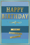 A serene blue and gold birthday card stands as the focal point, its design radiating quiet happiness in a way that would suit any relaxed celebration in Mile End. Across the card, wide horizontal stripes of blue create a soft ombre effect, starting with dark, almost midnight blue at the lower edge and gradually lifting through mid-tones to a pale, airy blue at the top, like watching the sky change over Regent's Canal at different times of day. Centred on this calming backdrop is the bold greeting HAPPY BIRTHDAY, embossed in striking gold. The letters are strong yet elegant, raised just enough that you can imagine feeling their outline under your fingertips, with a gentle metallic sheen that catches and reflects any nearby light. Directly beneath, a delicate golden flourish sweeps gracefully from side to side, adding a touch of old-world charm and balance. Further down, three slim, gold banners are neatly aligned, each carrying one part of the warm, informal message: Relax, have a great day and enjoy! These banners resemble smooth, polished ribbons, their golden glow standing out against the cooler blue stripes. A fine gold border runs all the way around the card, framing the composition and giving it the air of a special keepsake. The card feels both modern and timeless, the sort of thoughtful piece you might choose to accompany fresh birthday flowers delivered to a friend near Mile End Park or along Burdett Road. Its colours and textures together create an atmosphere of gentle celebration, inviting the recipient to slow down and savour their day.